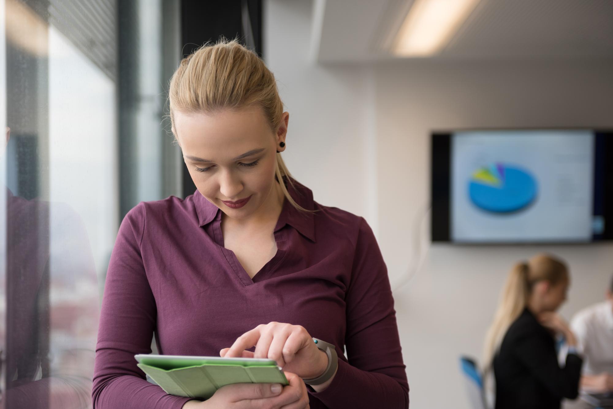 Berater erklärt Budgetdiagramm an Tablet